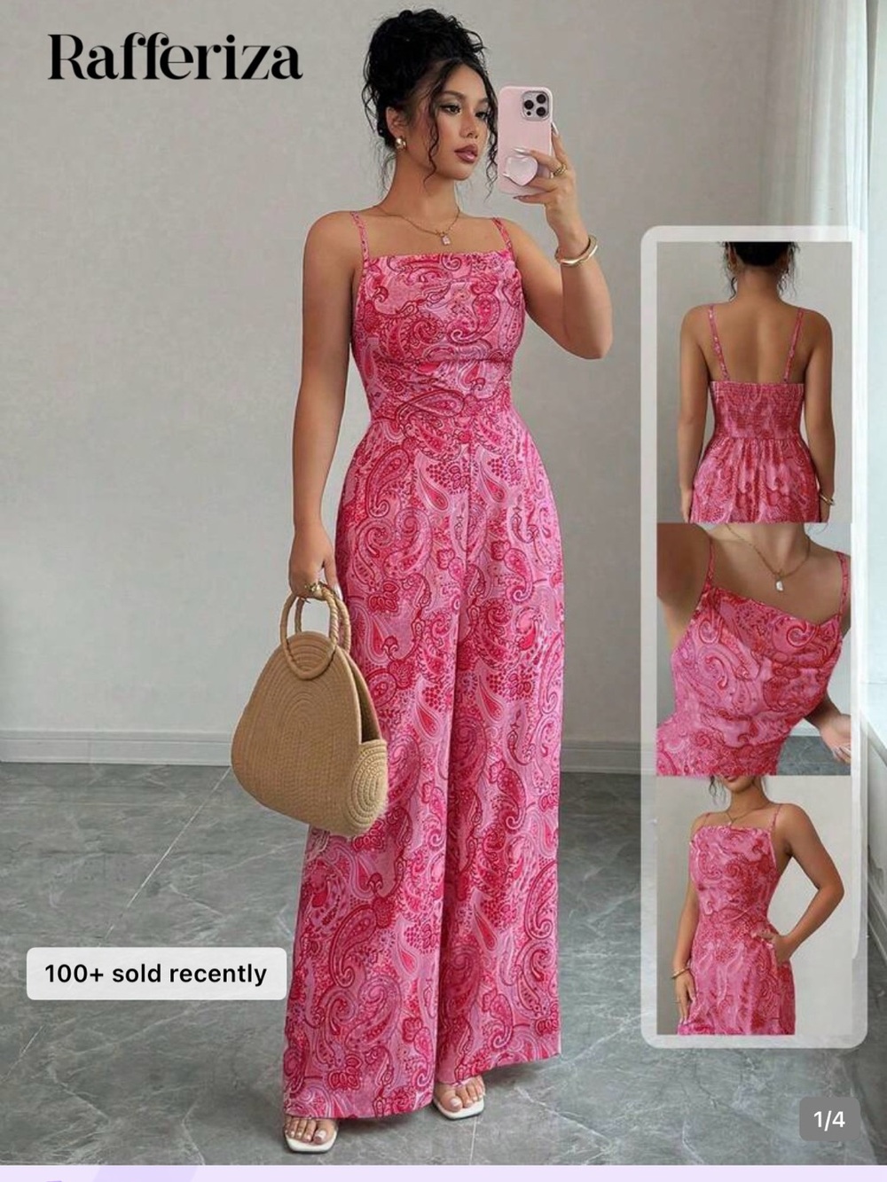 Pink Paisley Square-Neck Wide-Leg Jumpsuit Large